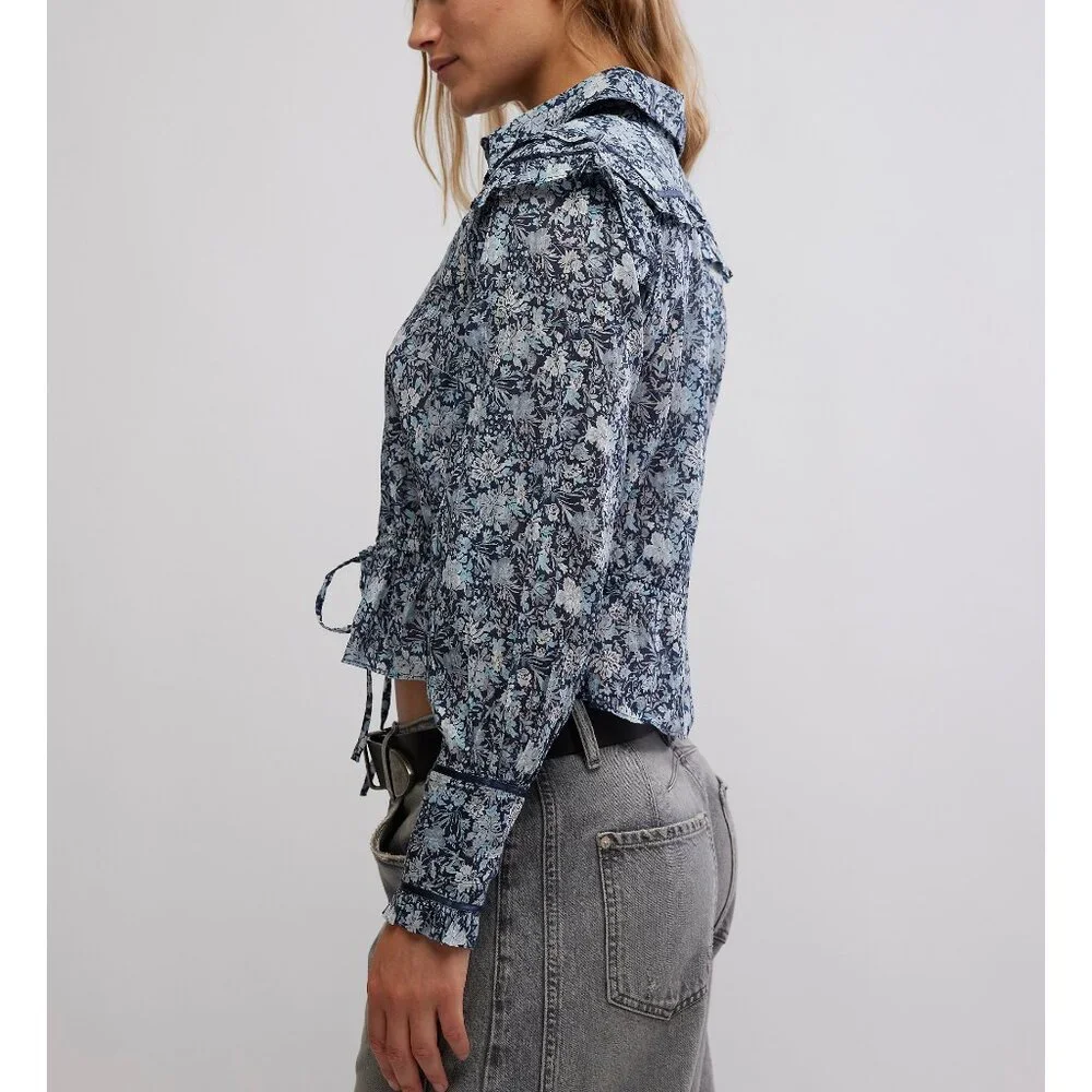 FREE PEOPLE Printed Daybreak Blouse / Chambray Combo - Picture 2 of 6